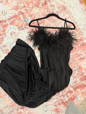 Sleeper Black Satin Feather-Trim Slip Dress